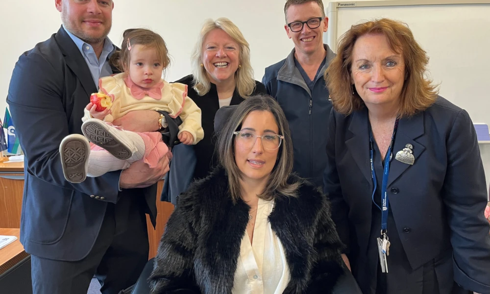 Brianna with family, CE Prof Shelley Dolan, A/Prof Mark Putland and Foundation ED Sue Parkes