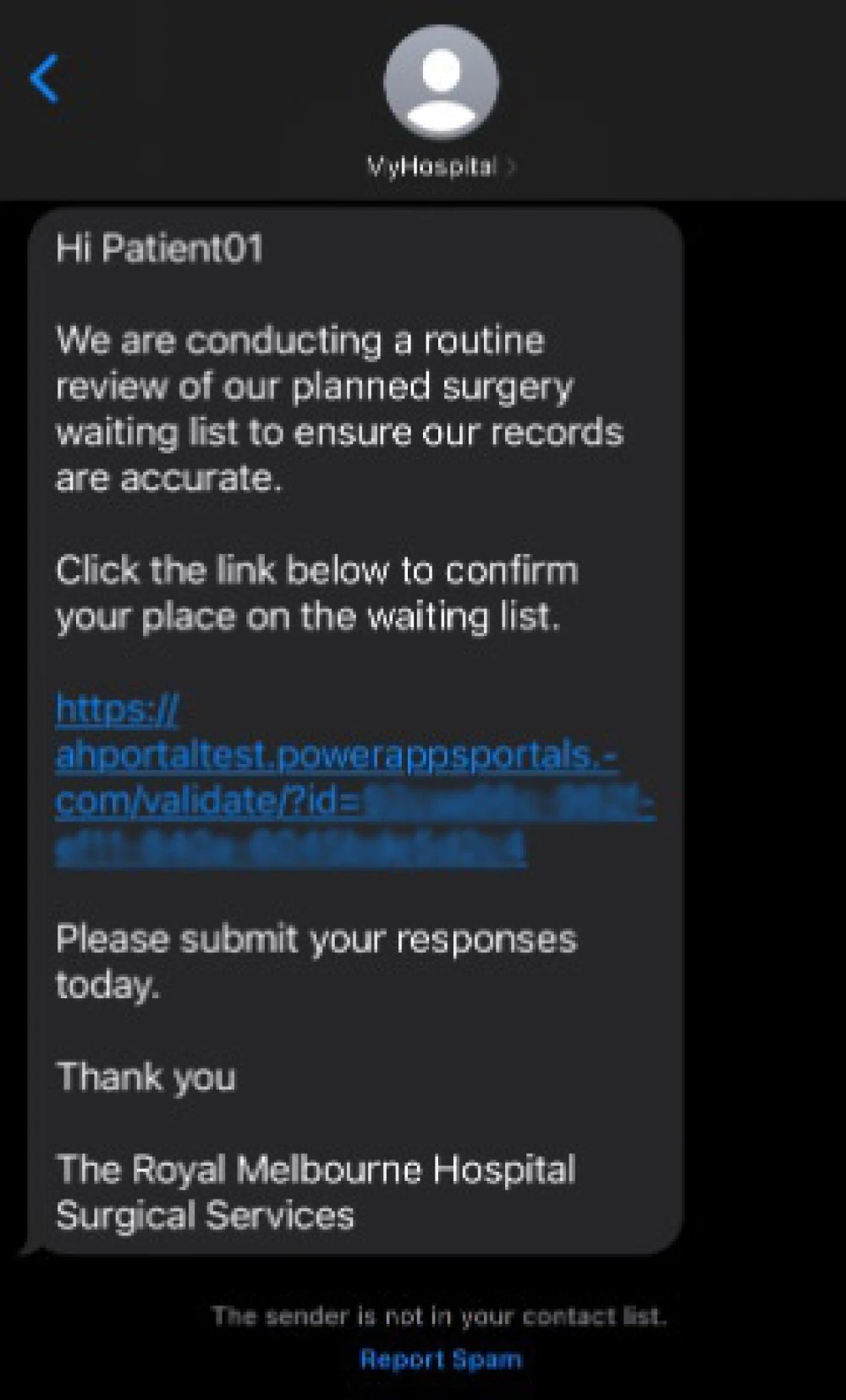 Planned surgery waitlist confirmation text message