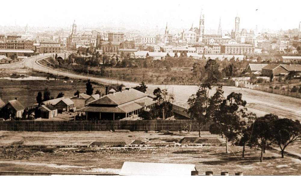 Panoramic view looking north along St Kilda Road in 1865