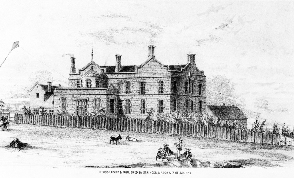Early image of Melbourne Hospital as a two-storey cottage