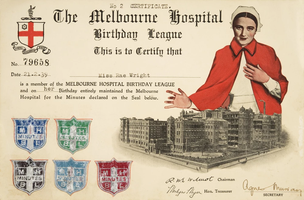 Melbourne Hospital Birthday League card